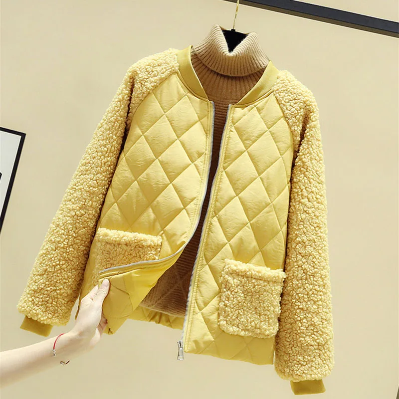 Autumn Winter Lambswool Splice Parka Short Cotton Jackets Women Plus Size Loose Warm Outerwear Female Solid Padded Jacket Coats