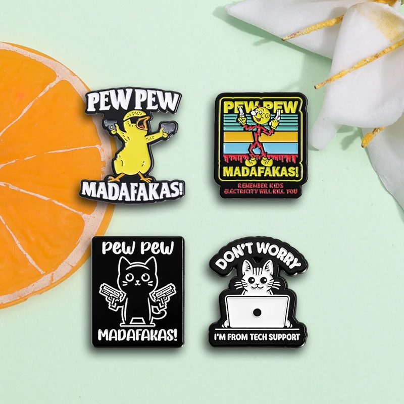 PEW MADAFAKAS! Enamel Pins Cool Chicken Cat Killer With Guns Metal Brooches Lapel Hat Badges Funny Jewelry Gift for Friends