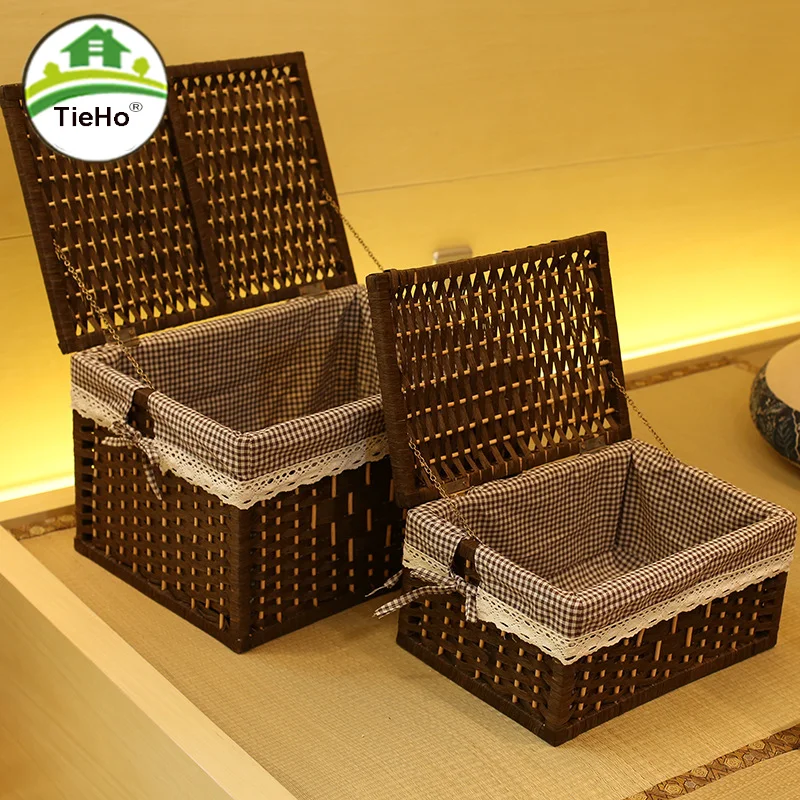 

Living Room Rattan Storage Basket With Lid Dirty Clothes Desktop Storage Box Large Capacity Rectangular Wicker Sundries Basket