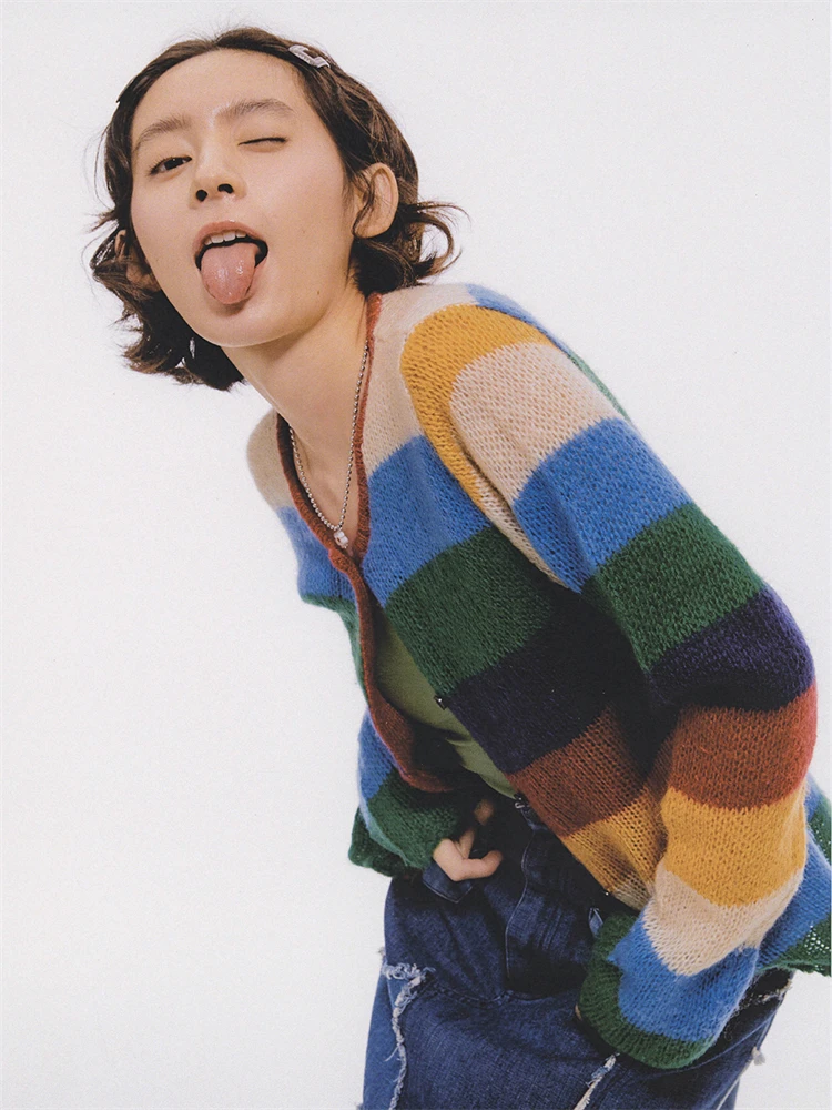 

Women's Contrast Rainbow Stripes Knitted Sweater Spring Autumn Fashion Chic Female Single Breasted Long Sleeved Thin Cardigan