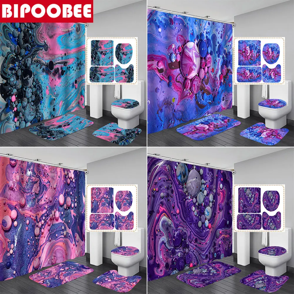

Acrylic Bubbles Pattern Shower Curtain Set Bathroom Curtains Colourful Abstract Ink Texture Bath Mats Toilet Cover Non-slip Rugs