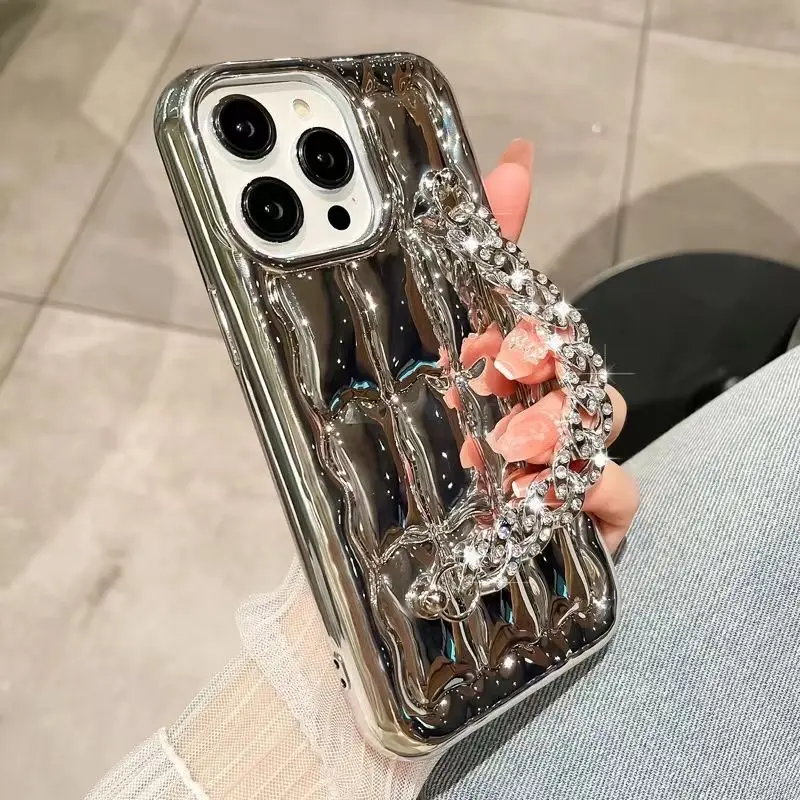 

Silver Electroplated Bread Pattern Rhinestone Chain Suitable for Apple 14promax Phone Case 13/14 Advanced Sense 11/12pm