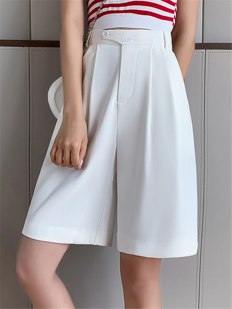 

Summer White High Waist Women's Casual Half Pants 2023 New Buttons Wide Leg Pants Elegant Loose Trousers Shorts Pockets