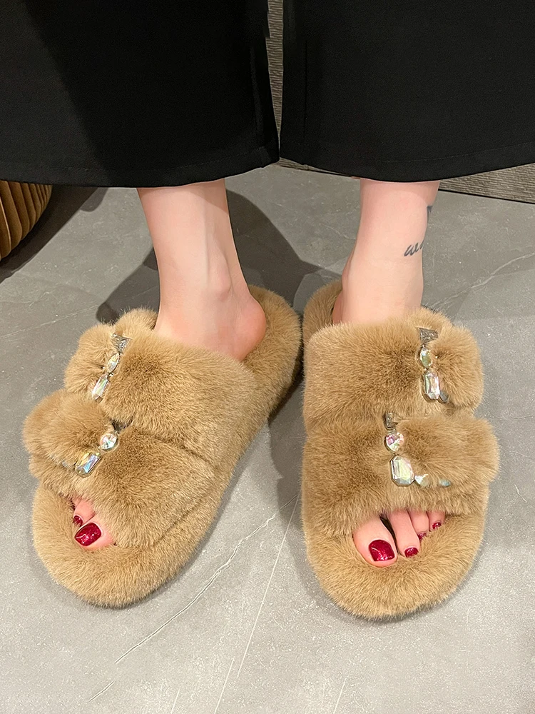 

Flock Fur Shoes Slippers Casual Med Slipers Women Slides String Bead Platform Plush Luxury 2022 Flat with fur Rubber Short