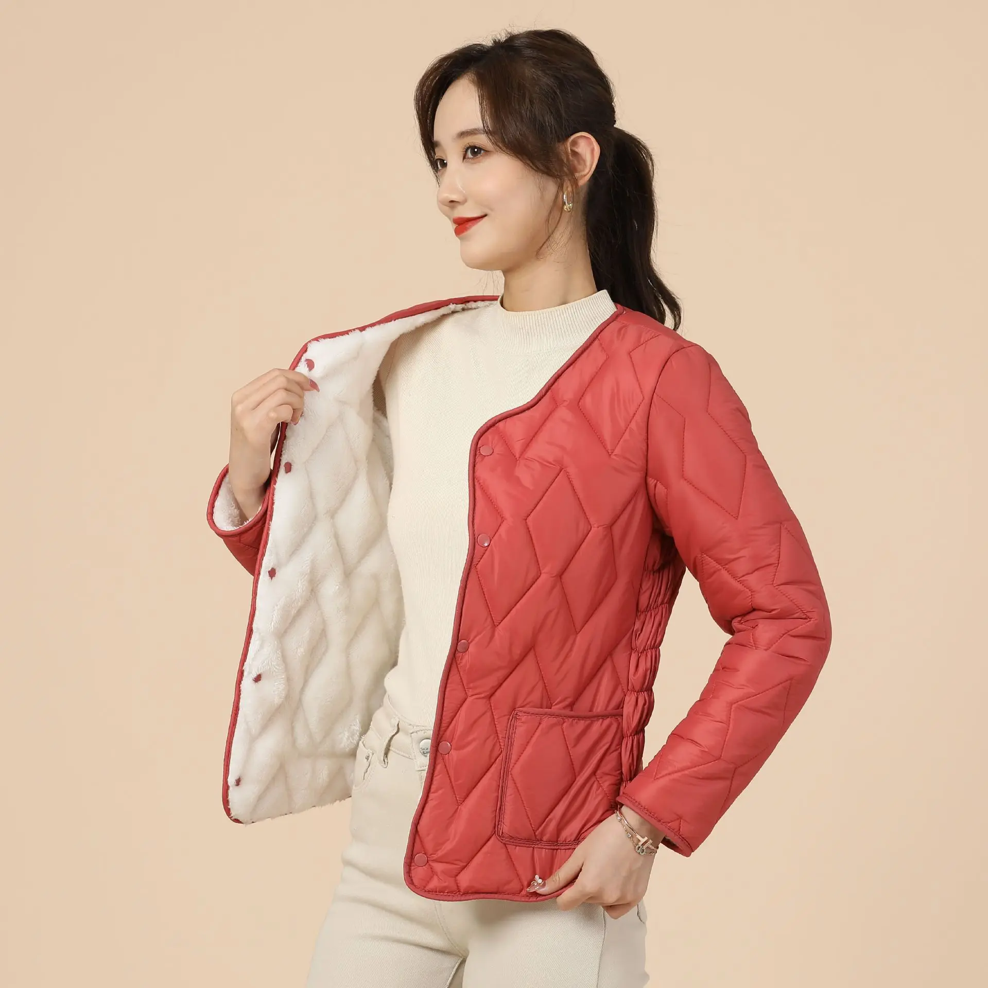 

Women's Thick Warm Long Sleeves Cotton Lining Women's Home Cotton Clothing Cotton Coat Fleece-Lined One-Piece Sleeves with Fur