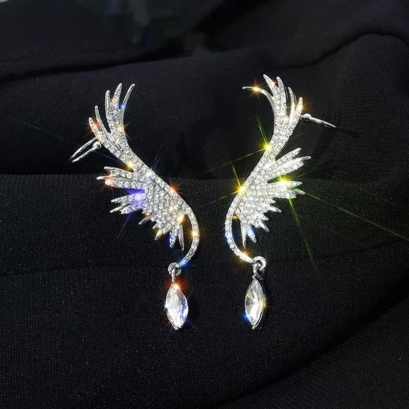 

New Angel wings Rhinestone Hanging Dangle exquisite Exaggerated Fashion Stud Earrings elegant Prevent Allergy Earrings