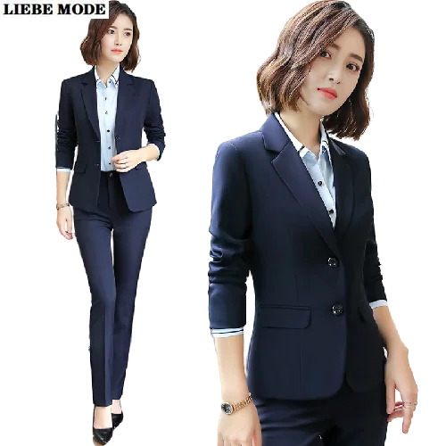 

2 Piece Set Women Office Wear Suit Pants Suits Korean Business Casual Outfits Ladies Long Sleeve Blazer and Pencil Trousers