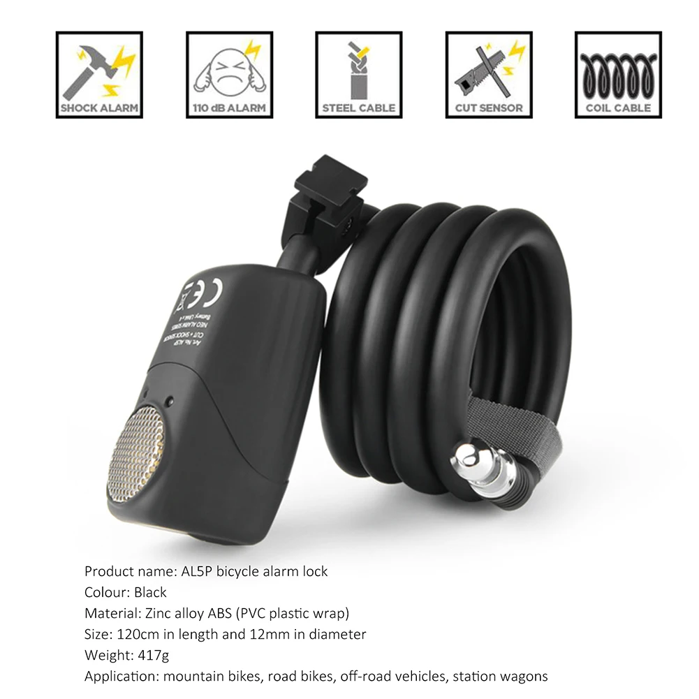 

Bike Lock Anti-Theft 120cm Cable Lock With 110dB Alarm Battery Operated Universal Security Alarm Lock 2 Mode Vibration Activated