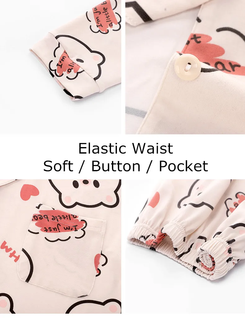 Yasuk Spring Autuum Fashion Women's Casual Print Pocket Sleepwear Homewear Cute Lovely Pajamas With Pants Soft Many Bear