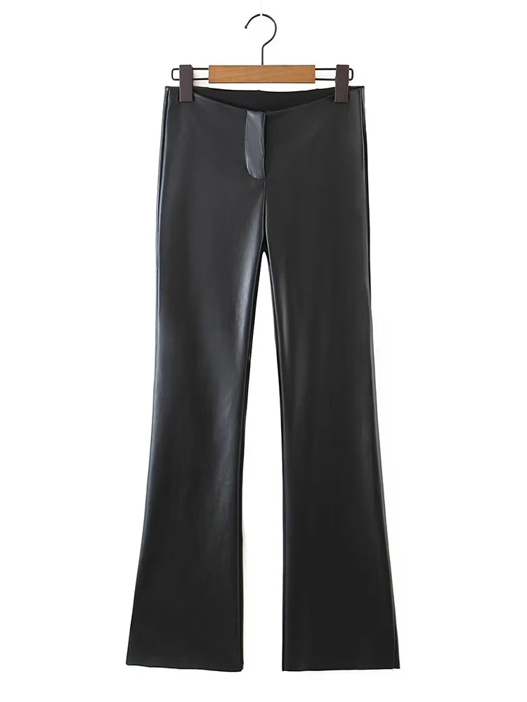 

YENKYE 2022 Autumn Vintage Black Low Waist Faux Leather Flare Pants Women Tight Full Length Trousers Sexy Bottom