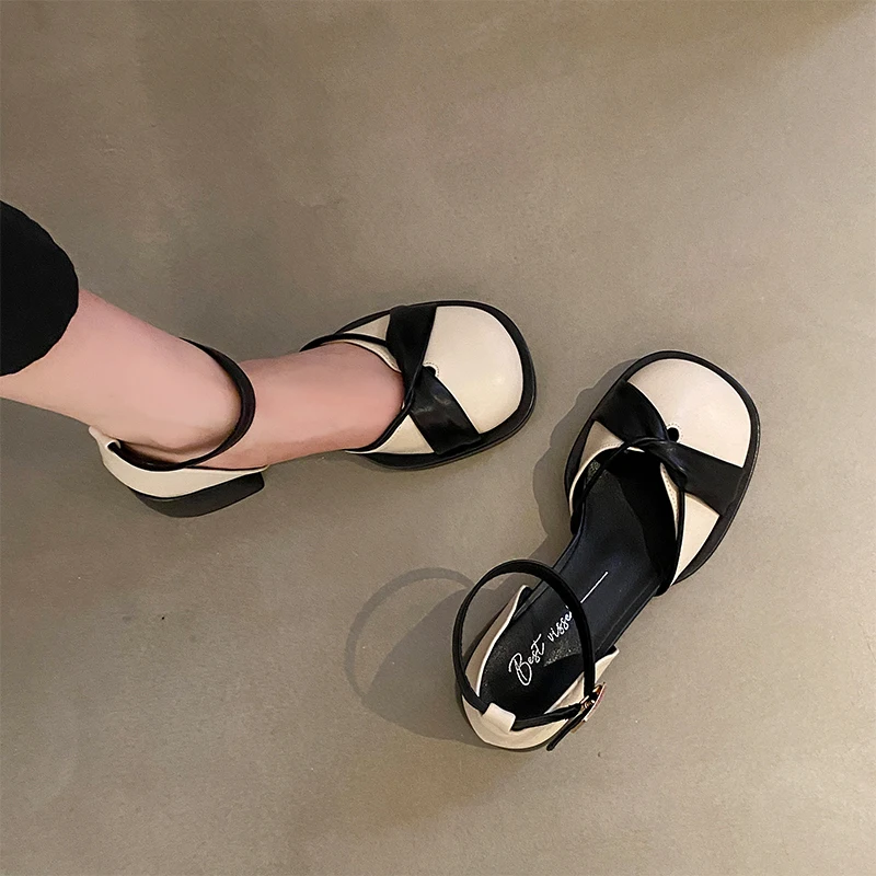 

Mary Jane Round Toe Beige Heeled Sandals Retro Woman Shoes 2023 Summer Med Black Original Comfort New Block Closed Girls High