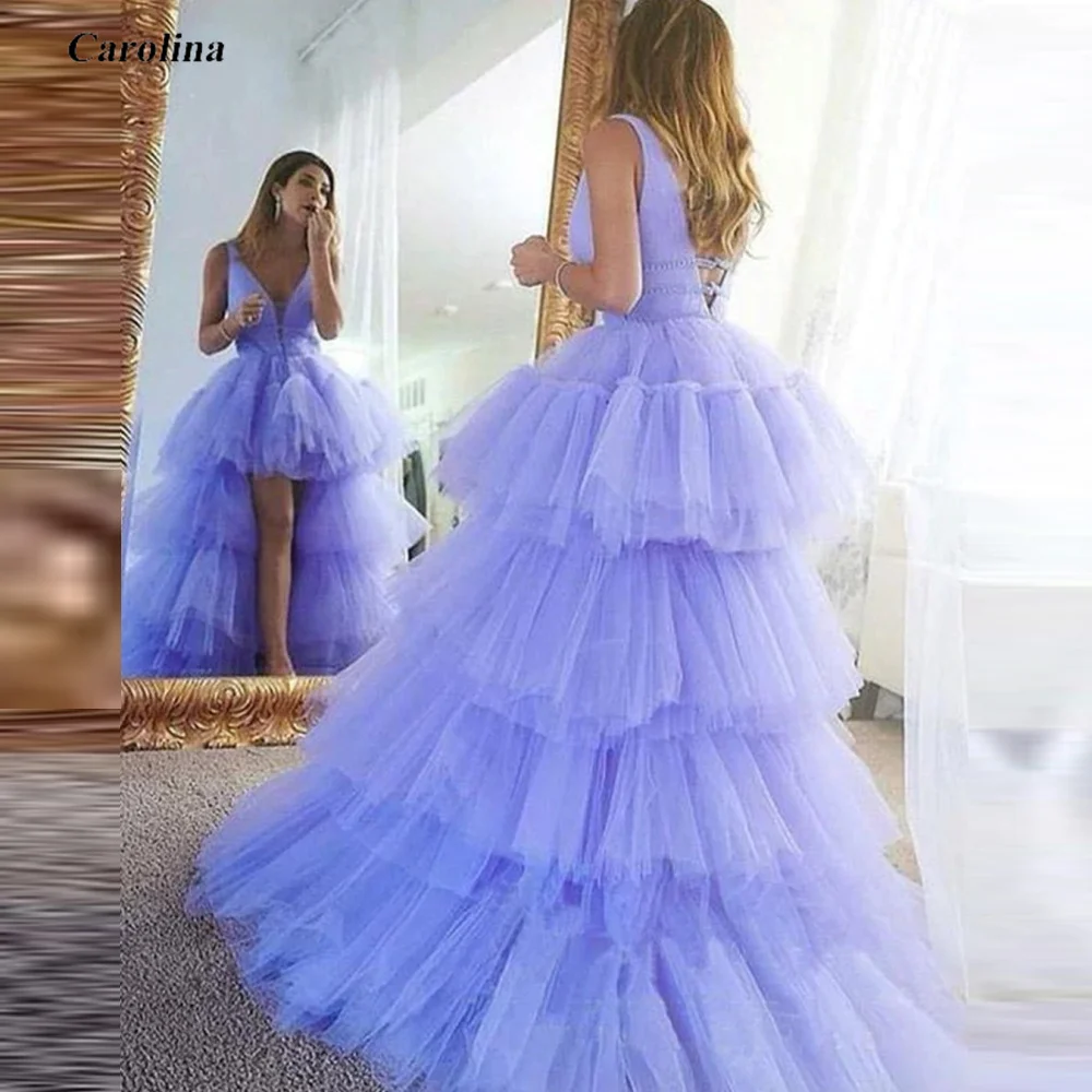

V-Neck Ruched Prom Gown A-Line Tulle High Low Tiered Occasion Dress Robe De Soirée Women Elegant Long Evening Party Dress
