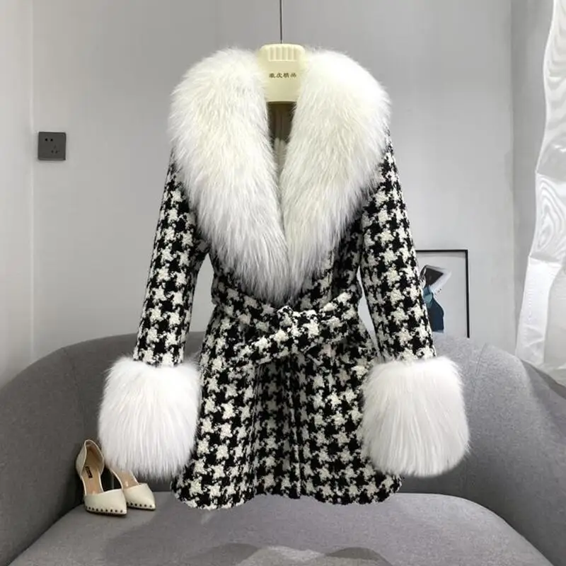 

Новинка, пальто из искусственного меха, женские куртки, зимнее шерстяное пальто 2023, Женская куртка средней длины из твида, женская верхняя одежда