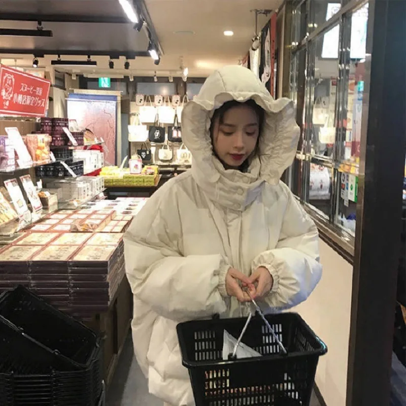 Cute Girl Kawaii Coat Women Parkas Top  Winter College Thick Padded Loose Cute Student Lotus Leaf Jacket Female Sweet Tide