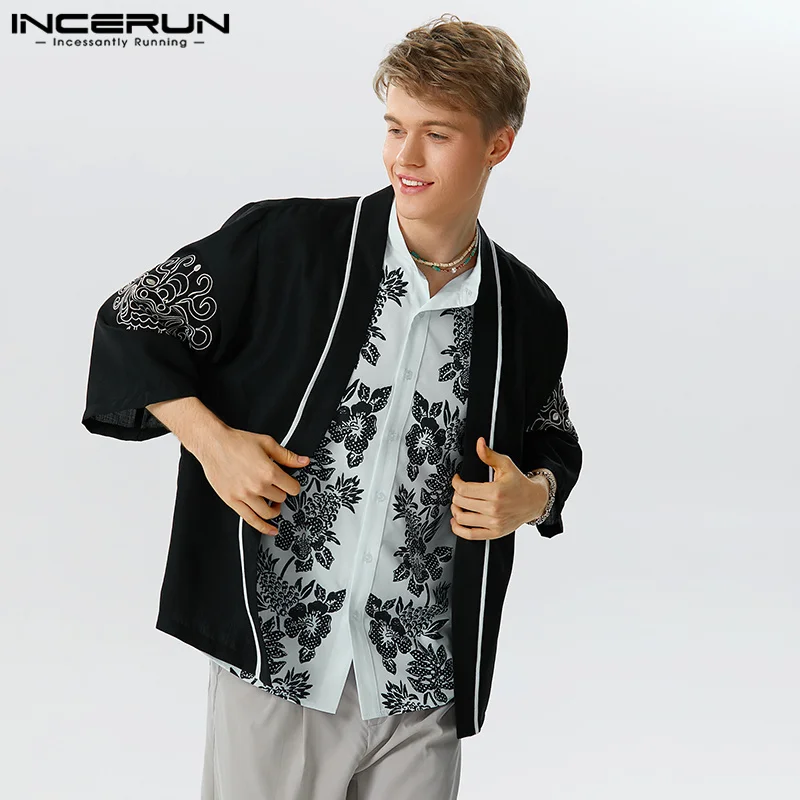 

2023 Men Shirt Embroidery Patchwork 3/4 Sleeve Open Stitch Male Cardigan Streetwear Kimono Vintage Casual Camisas S-5XL INCERUN