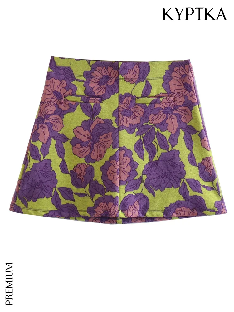 

TRAF Women Fashion Floral Jacquard Knit Mini Skirt VIntage High Waist A Line Female Skirts Mujer