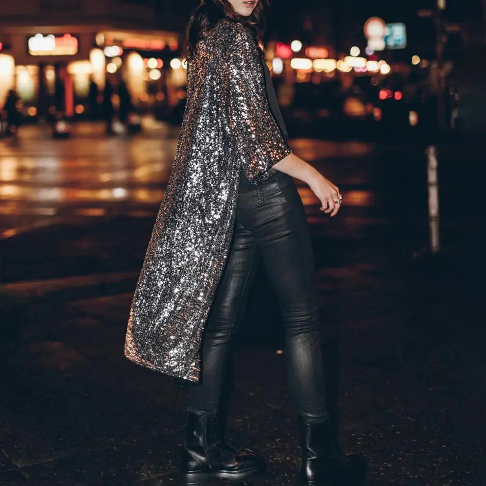 

New Gold Sequin Party Sexy Long Cardigan Buttonless Jacket Fashion Elegant Solid Color Loose Clothes For Women 2023