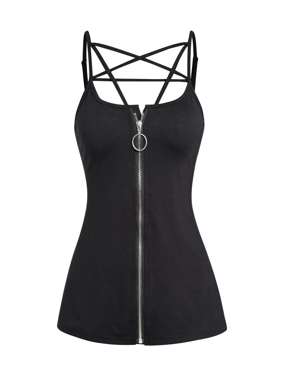 

Dressfo Black Camisole O-Ring Zip Fly Crisscross Adjustable Spaghetti Strap Tank Top Summer Breathable Casual Women Vest