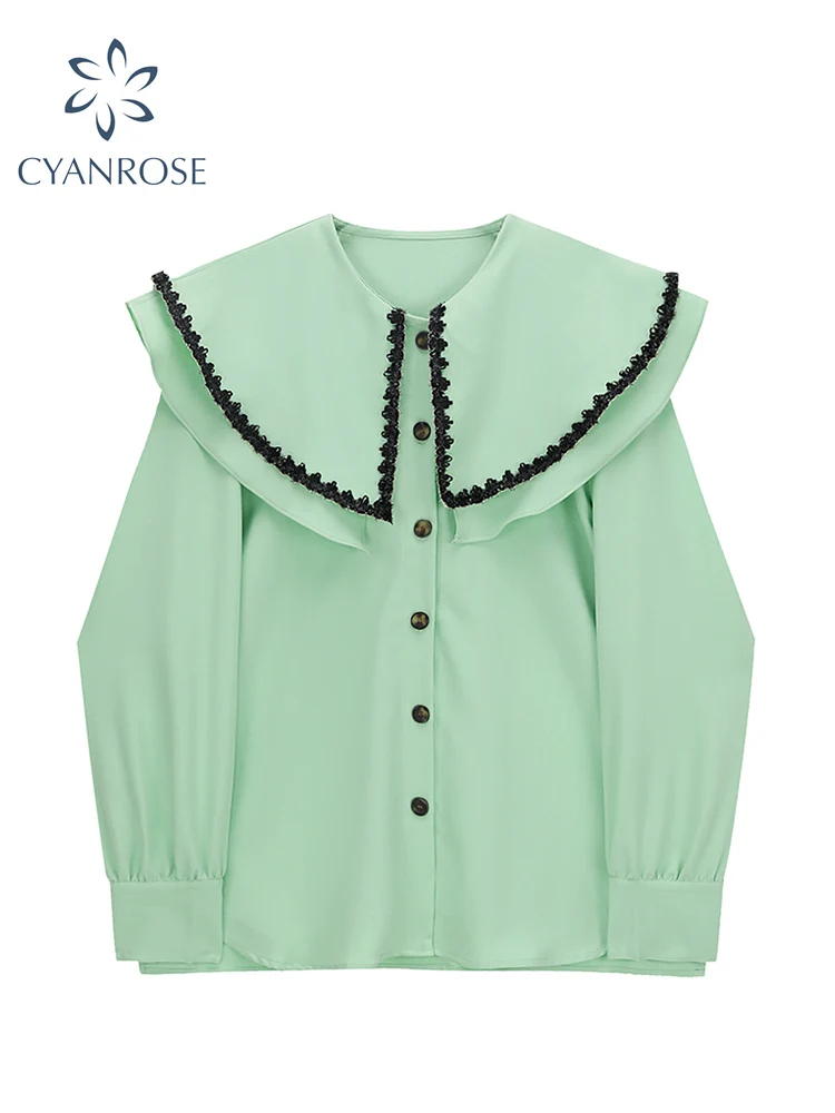 

Женская рубашка во французском стиле с воротником «Питер Пэн», женские рубашки с длинным рукавом и кружевными краями, Свободные повседневн...