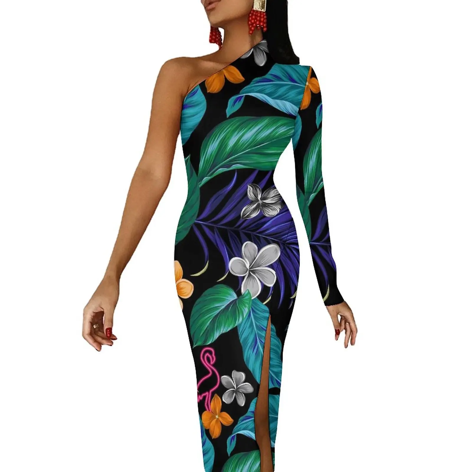 

Tropical Floral Print Bodycon Dress Summer Neon Tropicana Cute Side Split Long Dresses One Shoulder Printed Aesthetic Dress