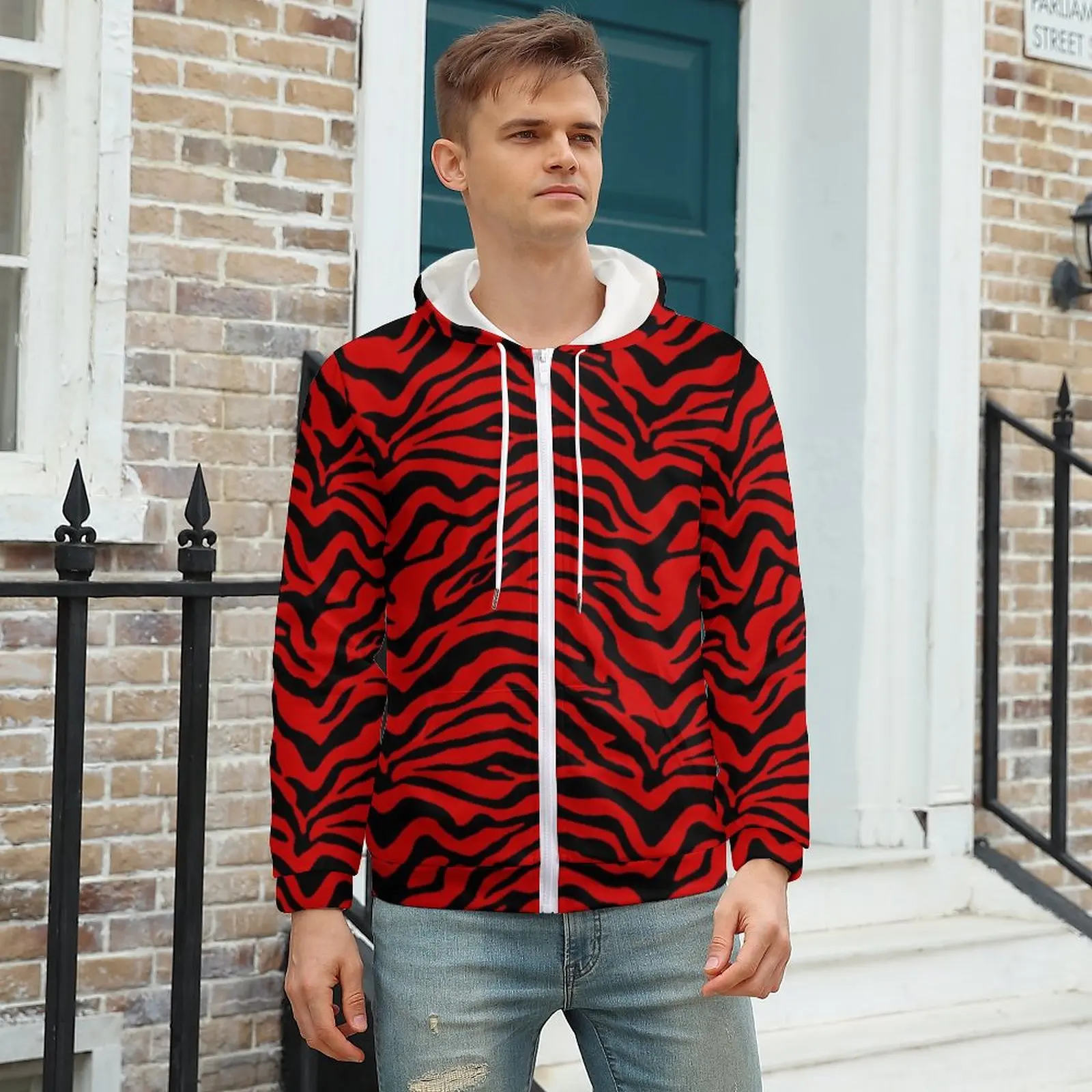 Zebra Print Hoodies Black and Red Stripes Polyester Zip Up Hoodie Outdoor Winter Hoodie Plus Size