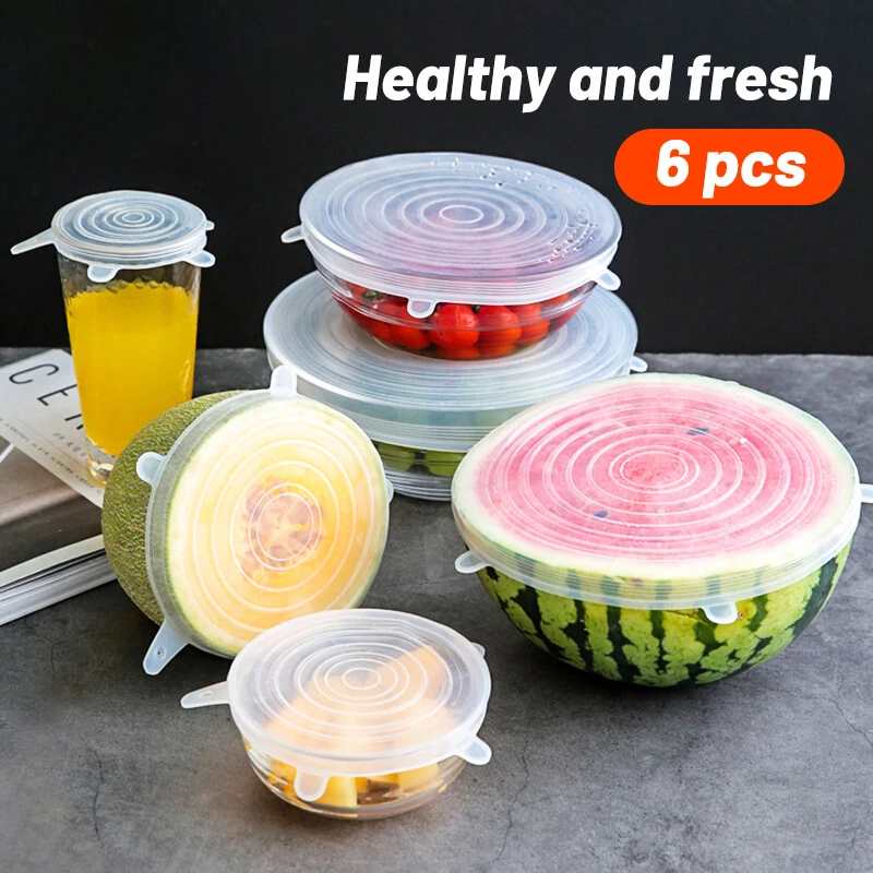 VEHHE 6pcs Universal  Kitchen  Silicone  Food Covers Refrigerator Kitchen Fresh Keeping Caps Reusable Bowl Pot Silicone Cover