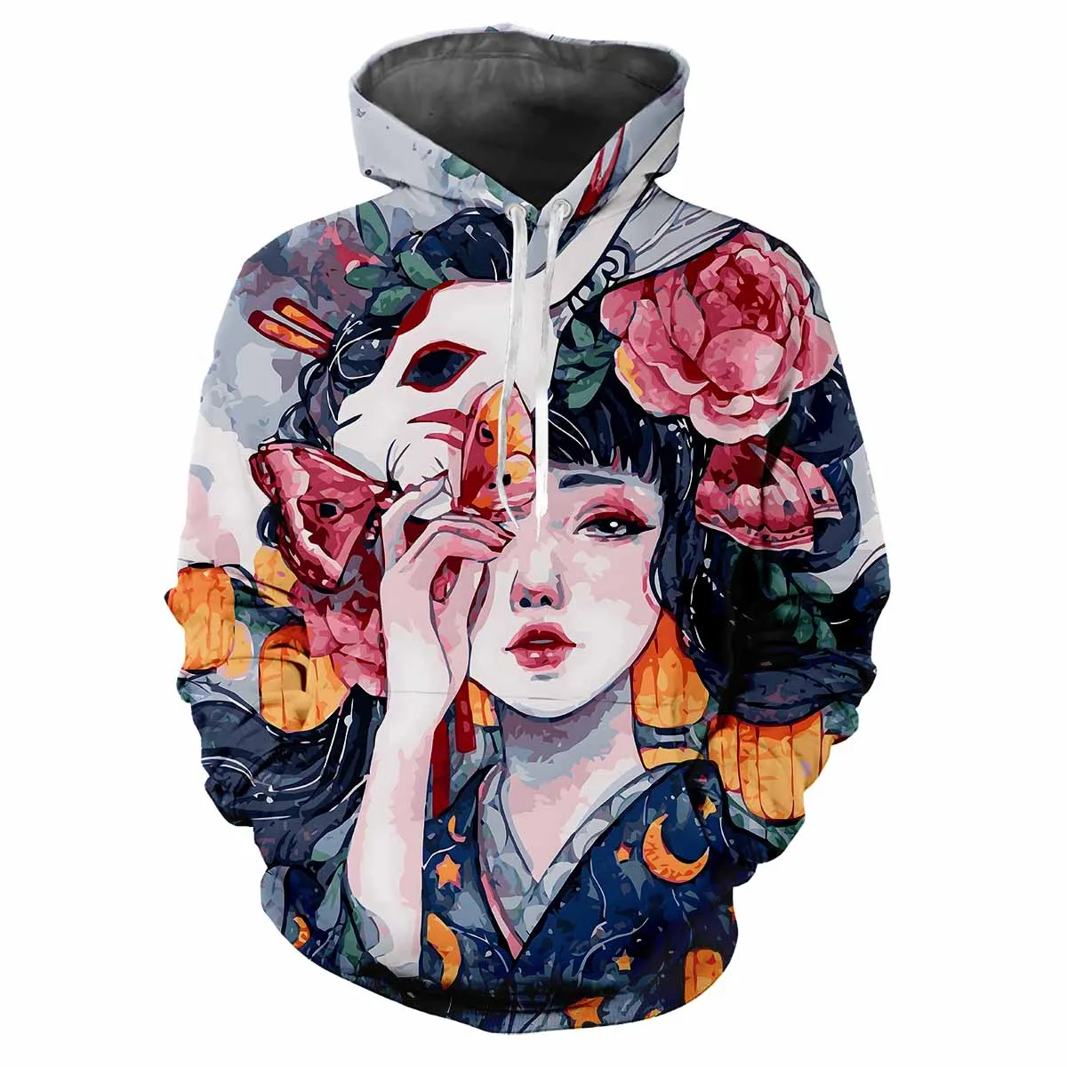 Japanese Kabuki Hoodies Geisha 3D Print Men Hooded Sweatshirts Harajuku Tracksuits Streetwear Pullovers Tops Coat Male Clothing