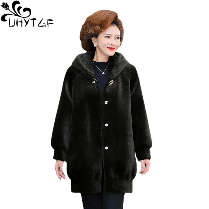UHYTGF Quality Imitation Mink Fleece Autumn Winter Woolen Jacket Women's Medium Long Hooded Coats Female 6XL Size Outerwear 2276