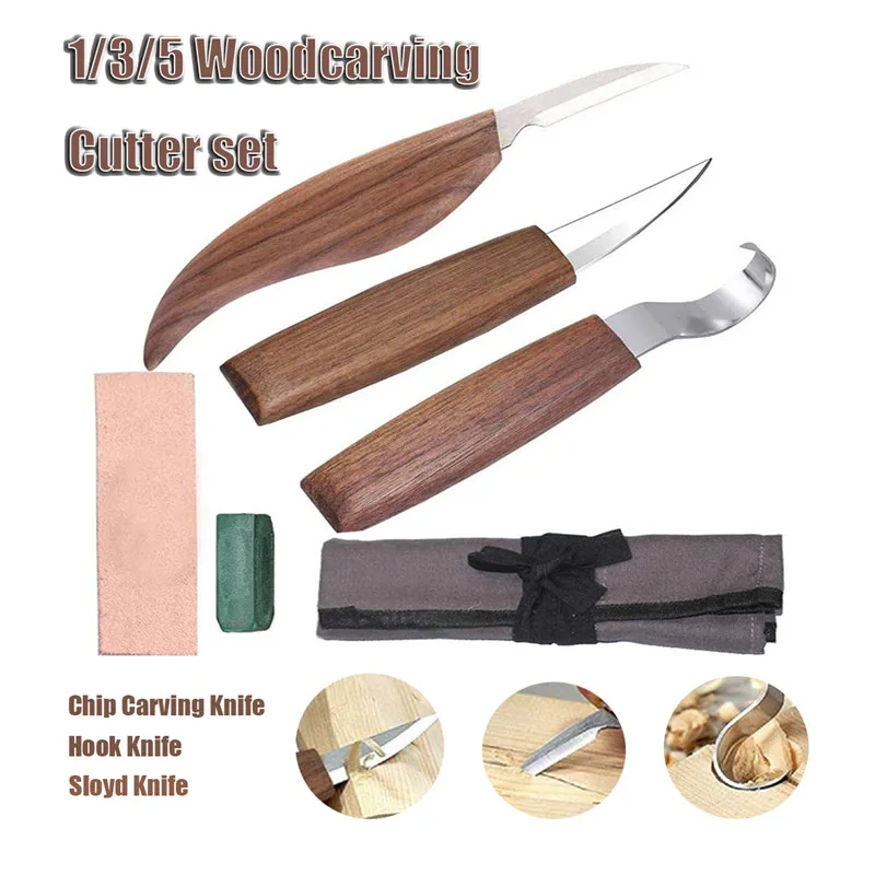

3/5Pcs Walnut Wood Carving Knife Chisel Woodworking Cutter Hand Tool Set Peeling Woodcarving Sculptural Spoon Carving Cutter