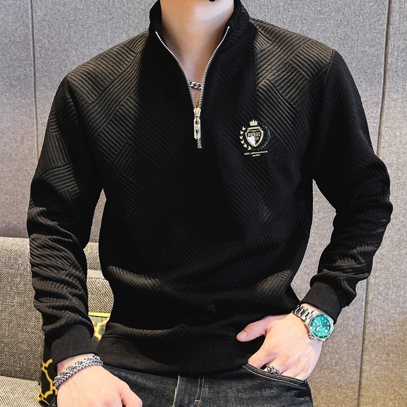 

New Fashionable Men's Comfortable Sweater with Zipper Printing Solid Color Long-sleeved Stand-up Collar Versatile Top