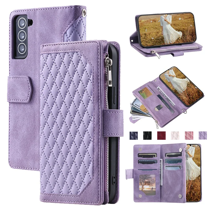 

New Style Lanyard Rhombic Leather Case for Samsung Galaxy S23 S22 S21 S20 FE S10 S9 S8 Plus Note 20 Ultra 10 9 8 5G Flip Wallet