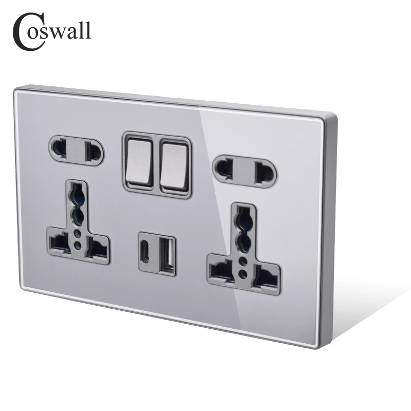 Настенная розетка COSWALL PD 18 Вт Type-C, 3 А, USB-интерфейс для быстрой зарядки, стеклянная панель, двойная Универсальная Розетка с заземлением (art.: 3920bf786f1dc) - 3920bf786f1dc