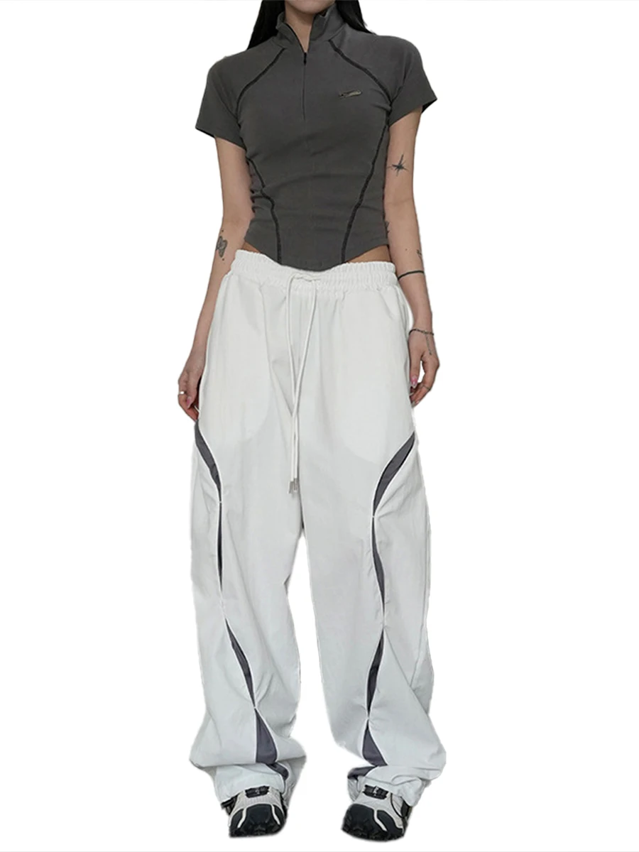 Women Oversized Drawstring Pants Elastic Waist Loose Trousers Contrast Color Vintage Bottom Joggers (White S)
