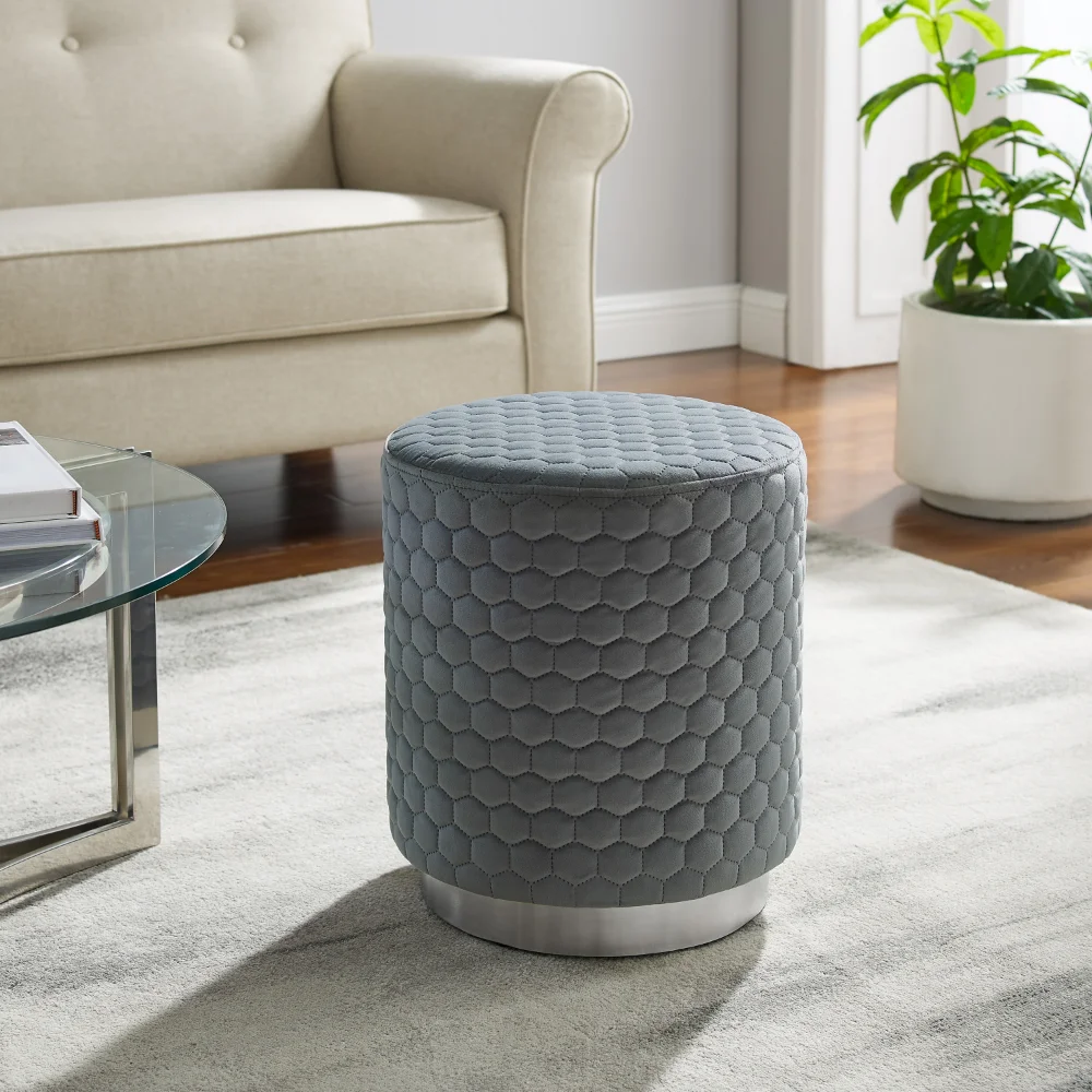 

Classic and Fashionable Norcrest Quilted Accent Stool Ottoman, 16.5" Seat Height, Silver Finish with Gray Fabric
