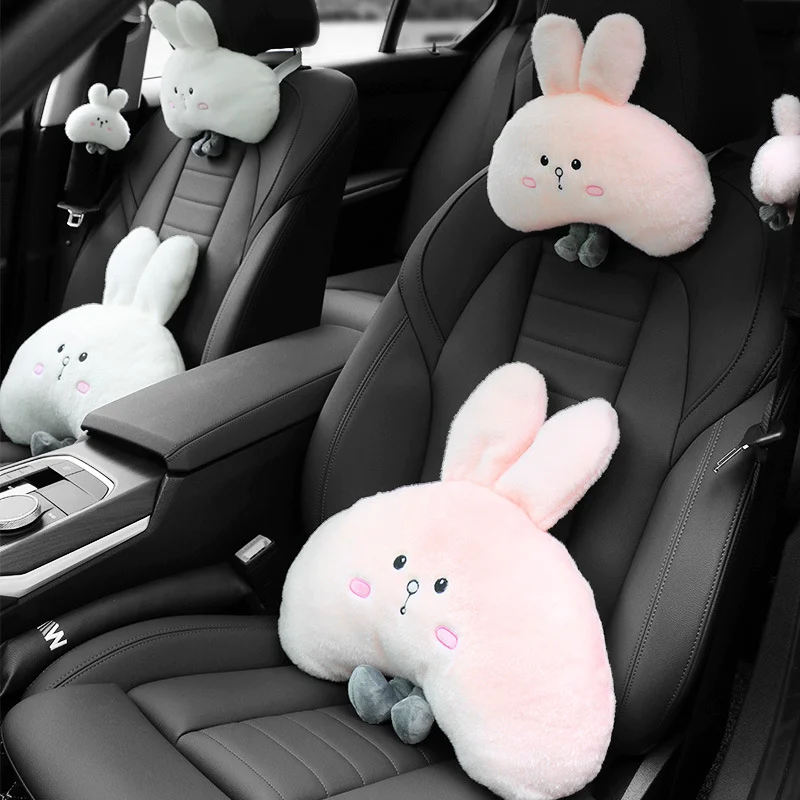 

Women Girl Car Neck Pillow Soft Lumbar Support Waist Pink White Seat Belt Cover Pad Kawaii Cute Rabbit Car Accessories Universal