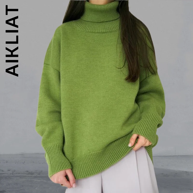 

Aikliat Knitted Turtleneck Women Sweater Fashion Cheap Girl Top Women Streetwear Harajuku Knit Sweater Simple Leisure Female