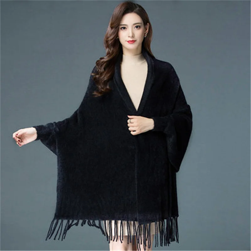 

570g Women Black Red Poncho Capes Faux Mink Velvet Cardigan Big Pendulum Loose Long Batwing Sleeves Coat Tassel Shawl
