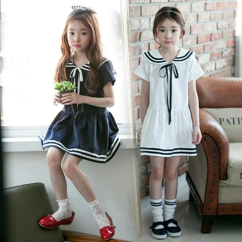 Preppy Girls Clothes Teen Dresses Summer Spring 2022 New Little Big Girl Sailor Collar A-line Dress For Kids White Blue | Детская одежда