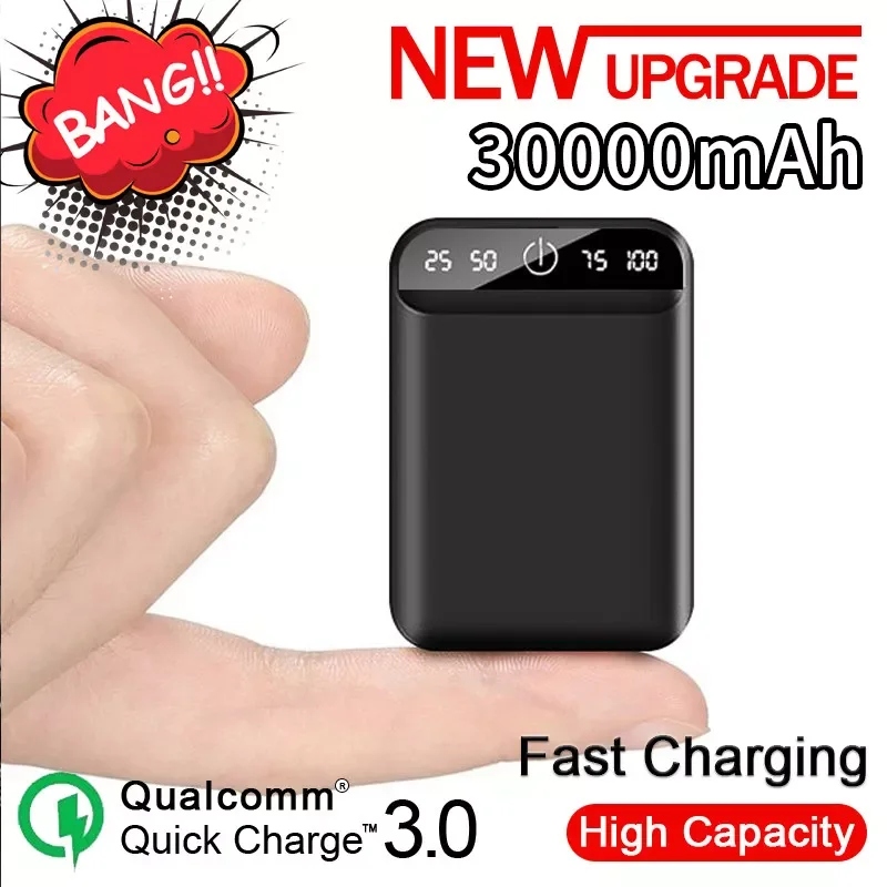 

30000mAh Mini Power Bank Portable Mobile Phone Fast Charger Digital Display USB Charging External Battery Pack for Android
