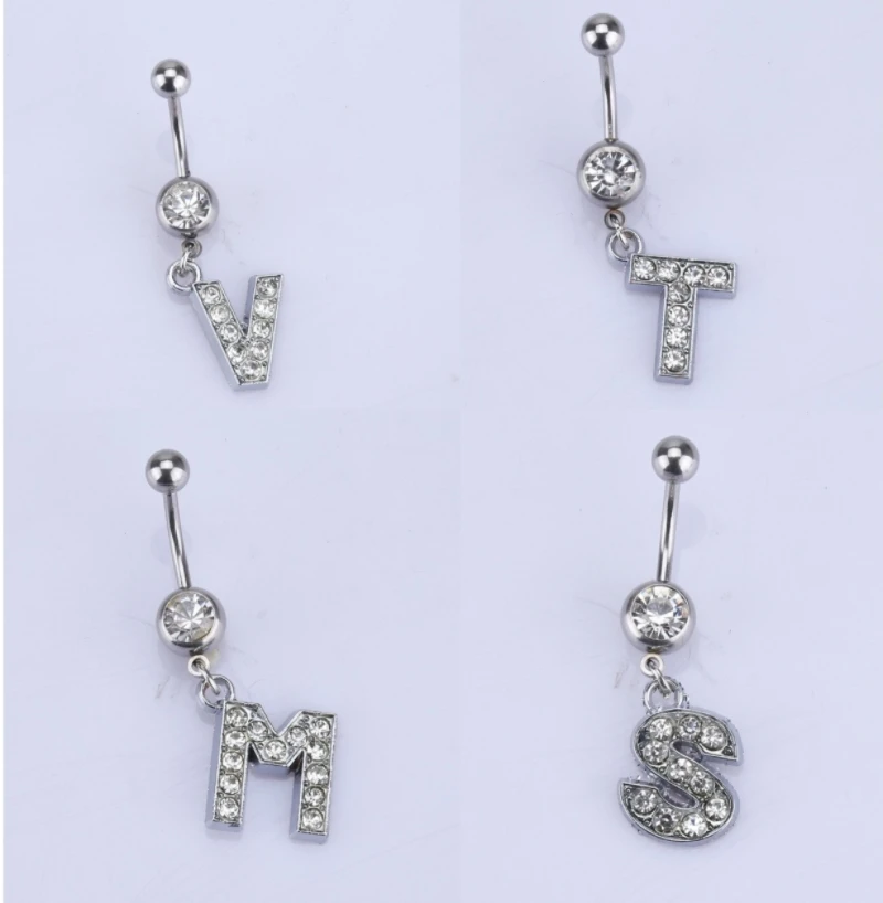 

Letters A-Z Belly Button Ring Navel Piercing Bar Dangling Stud Crystal Stainless Steel Zircon For Woman Body Jewelry