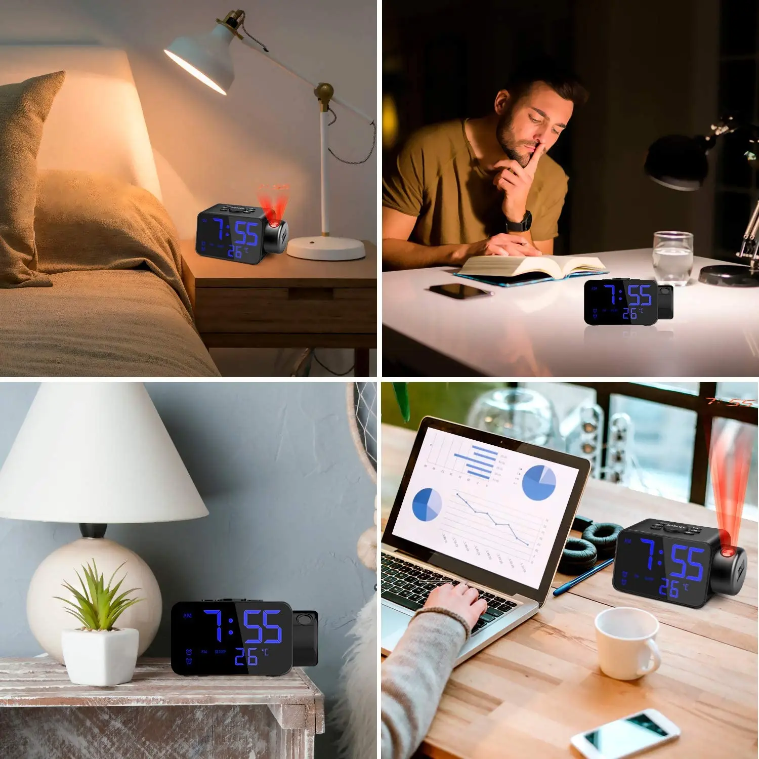 Проекционный будильник с FM-радио светодиодный цифровой проектор настенный 180