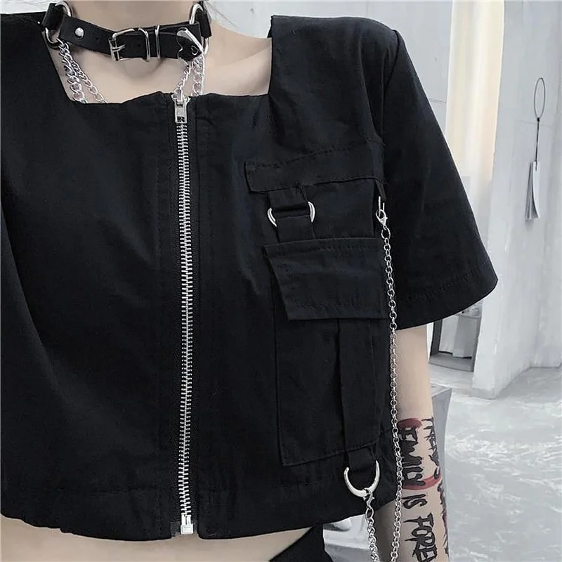 

XEJ Tops for Women Summer Work Top Hip Hop Clothes for Women 2022 Black Top Zipper Blouse Social Female Gothic Women's Blouses