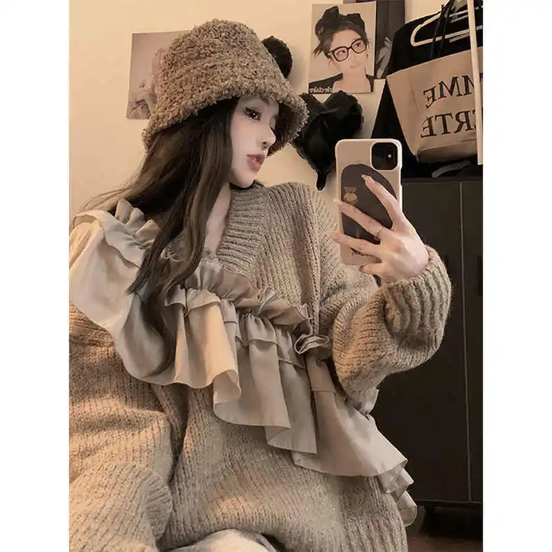 Korean  loose, gentle, lazy style, lace knitted pullover sweater, female  tops women 2022  blusas  O-Neck  long sleeve top enlarge