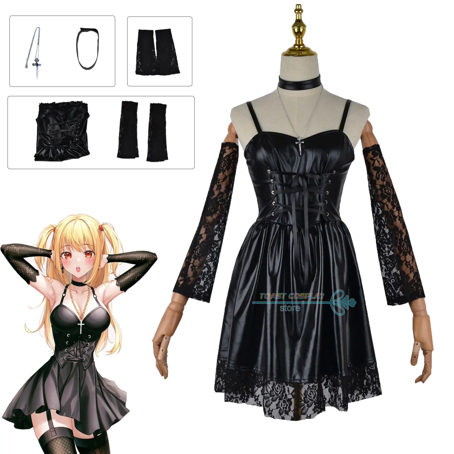 

Death Note Cosplay Anime Misa Amane Costume Faux Leather Sexy Black Lolita Sexy Dress Clothing Cosplay Costume Halloween Party