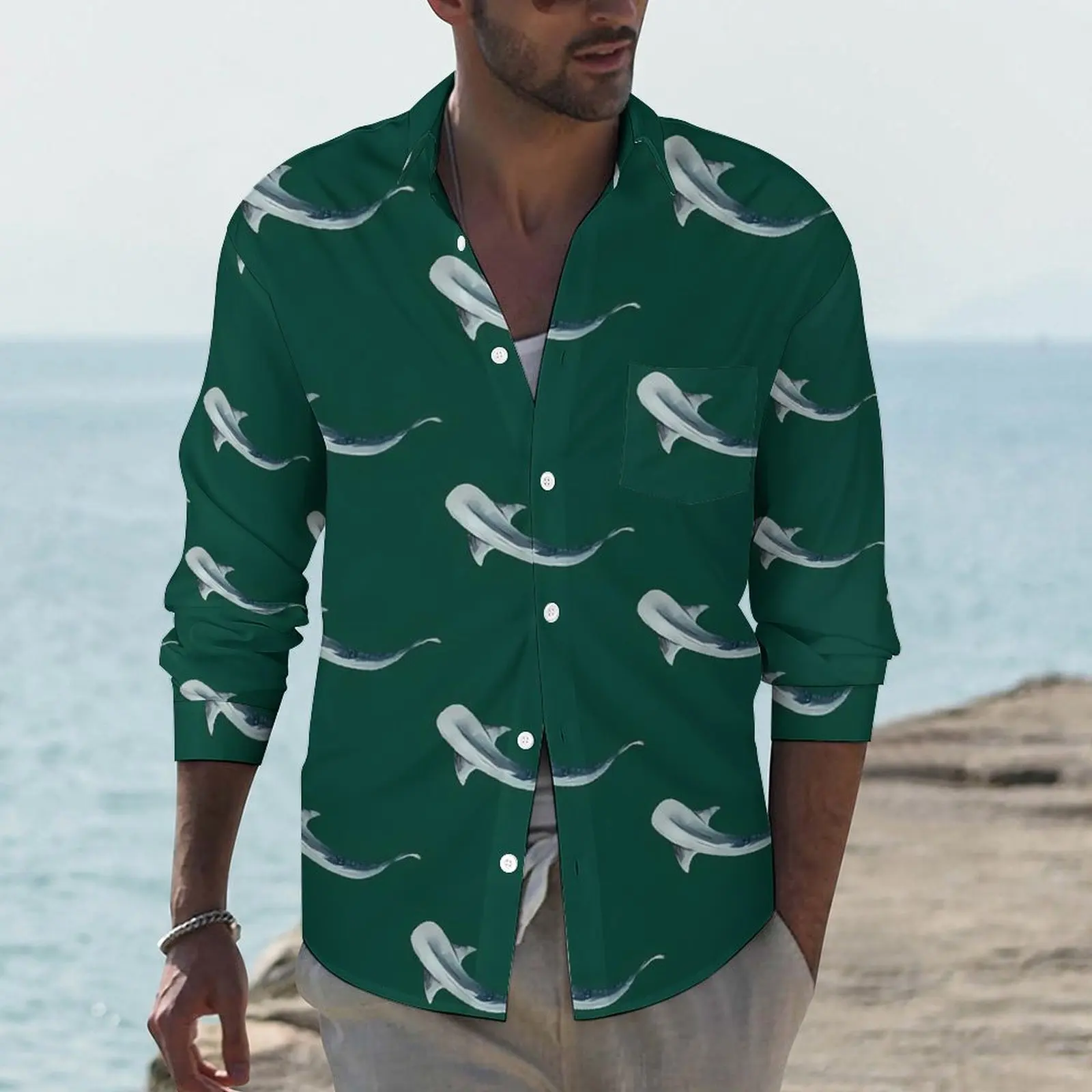 

Whale Shark Shirt Mens Ocean Animals Print Casual Shirts Street Style Custom Blouses Long Sleeve Fashion Oversized Clothing Gift