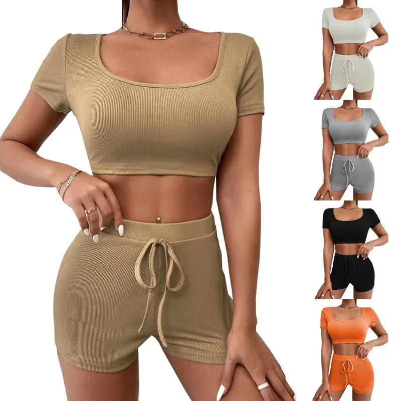 

Summer 2022 New European and American women's plain navel revealing suit square collar drawstring tight