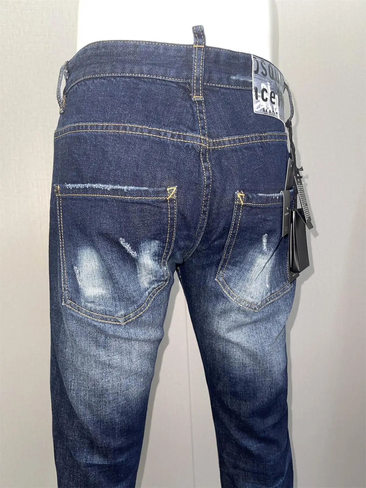 Spring and Summer New Fashion Men's Washed Denim Pants with Worn Hole Patches and Paint 3D Cutting Small Feet Deep Blue Jeans