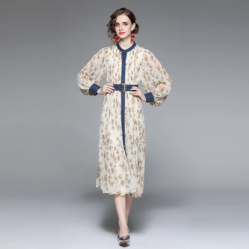 

Женское модельное платье средней длины, винтажное однобортное плиссированное платье с рукавами-фонариками и цветочным принтом, весна 2022