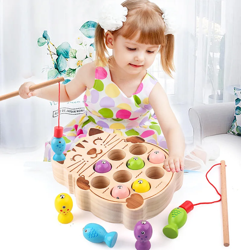 Montessori Wooden Magnetic Fishing Game Toys Set For Baby 2 3 4 5 Years Cartoon Marine Life Cognition Fish Games Educational Toy