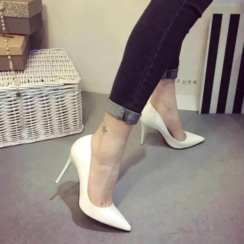 

Woman High Heels Pumps Tacones Pointed Toe Patent PU Stilettos Heel Sexy Office Ladies Wedding Shoes 7/8/10cm Drop Ship